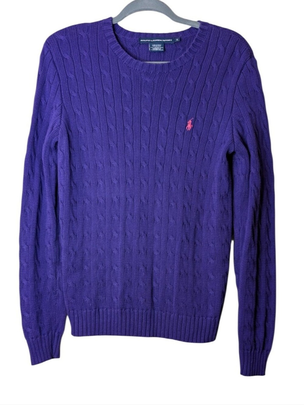 Vintage Ralph Lauren Sport Purple Cable Knit Cotton Sweater Pink Pony jumper XL